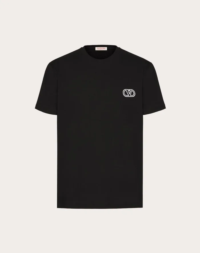 Valentino Tshirts And Sweatshirts Man Cotton Tshirt With Vlogo Signature Patch For Man In Sky Blue Sky Blue