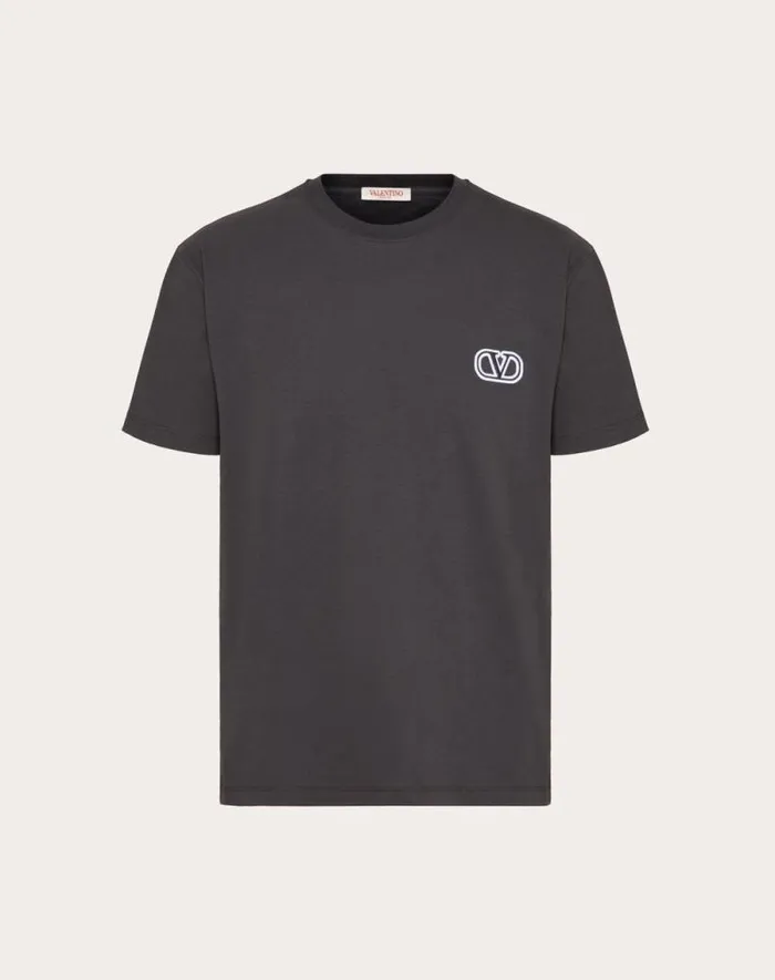 Valentino Tshirts And Sweatshirts Man Cotton Tshirt With Vlogo Signature Patch For Man In Sky Blue Sky Blue