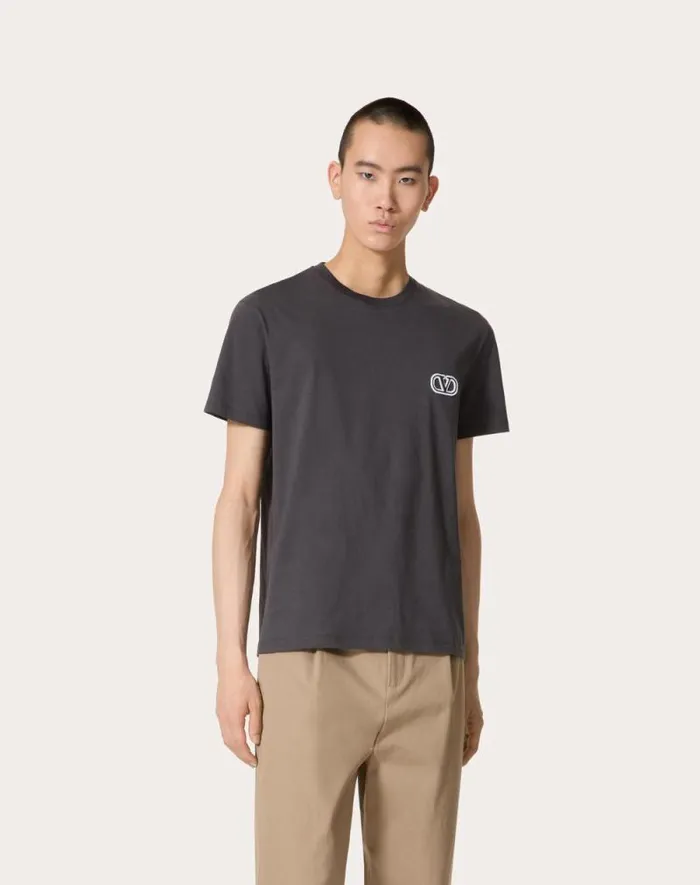 Valentino Tshirts And Sweatshirts Man Cotton Tshirt With Vlogo Signature Patch For Man In Sky Blue Sky Blue