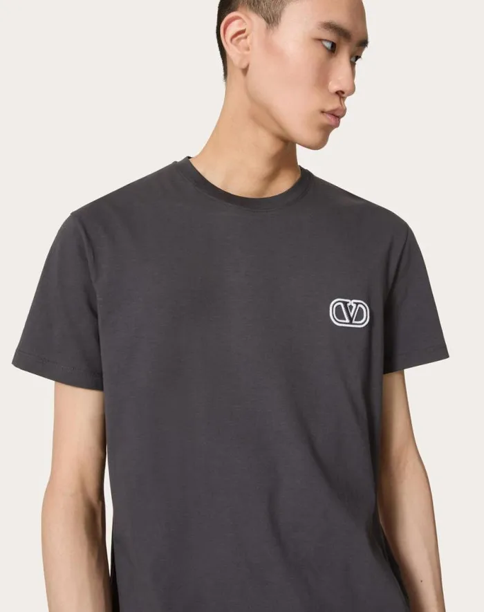 Valentino Tshirts And Sweatshirts Man Cotton Tshirt With Vlogo Signature Patch For Man In Sky Blue Sky Blue