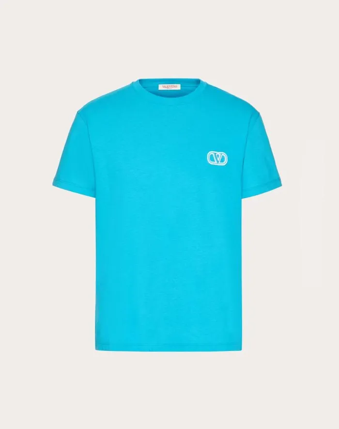 Valentino Tshirts And Sweatshirts Man Cotton Tshirt With Vlogo Signature Patch For Man In Sky Blue Sky Blue