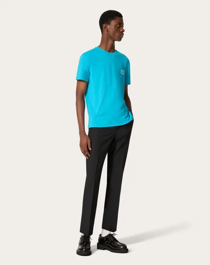 Valentino Tshirts And Sweatshirts Man Cotton Tshirt With Vlogo Signature Patch For Man In Sky Blue Sky Blue