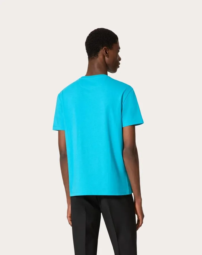 Valentino Tshirts And Sweatshirts Man Cotton Tshirt With Vlogo Signature Patch For Man In Sky Blue Sky Blue