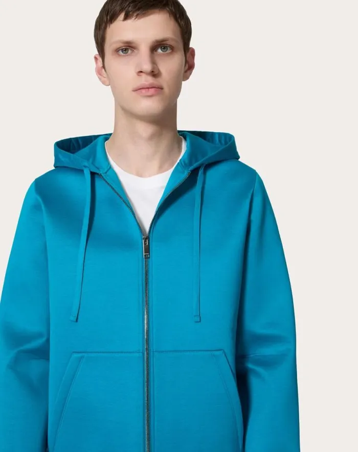 Valentino Tshirts And Sweatshirts Man Neoprene Sweatshirt With Hood And Zipper For Man In Sky Blue Sky Blue Valentino Tshirts And Sweatshirts Man Neoprene Sweatshirt With Hood And Zipper For Man In Sky Blue Sky Blue