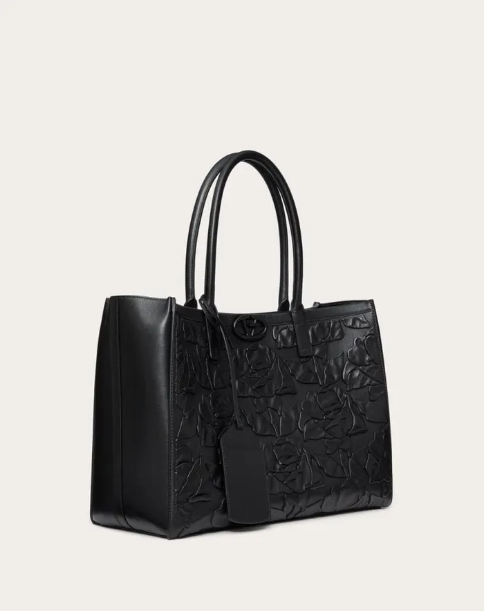 Valentino Totes Woman Medium Tote Bag Vlogo Locker Leather Tote With Embroidered Roses For Woman In Black Black Valentino Totes Woman Medium Tote Bag Vlogo Locker Leather Tote With Embroidered Roses For Woman In Black Black
