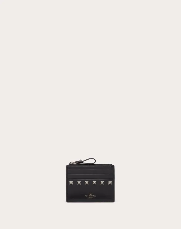 Valentino Wallets And Small Leather Goods Woman Rockstud Calfskin Cardholder With Zipper For Woman In Black Black Valentino Wallets And Small Leather Goods Woman Rockstud Calfskin Cardholder With Zipper For Woman In Black Black
