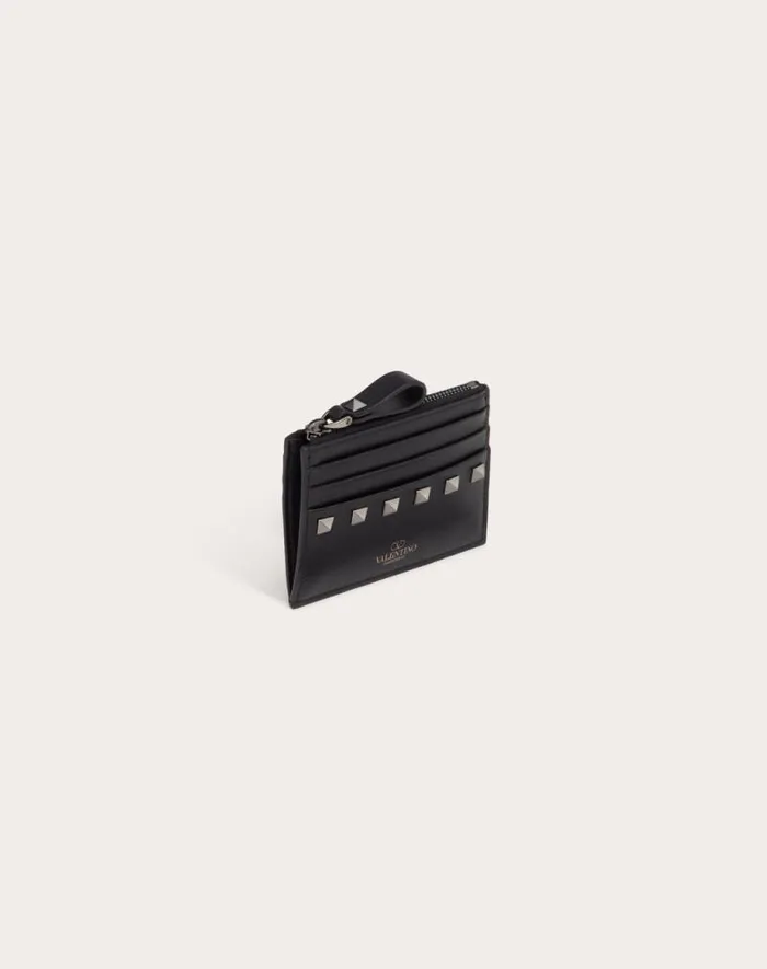 Valentino Wallets And Small Leather Goods Woman Rockstud Calfskin Cardholder With Zipper For Woman In Black Black Valentino Wallets And Small Leather Goods Woman Rockstud Calfskin Cardholder With Zipper For Woman In Black Black