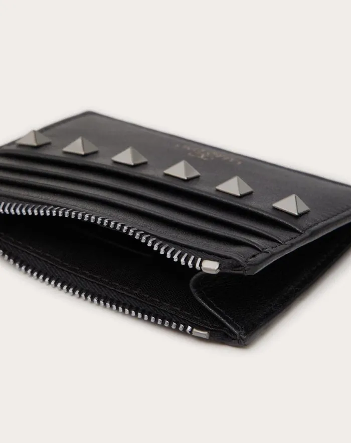 Valentino Wallets And Small Leather Goods Woman Rockstud Calfskin Cardholder With Zipper For Woman In Black Black Valentino Wallets And Small Leather Goods Woman Rockstud Calfskin Cardholder With Zipper For Woman In Black Black