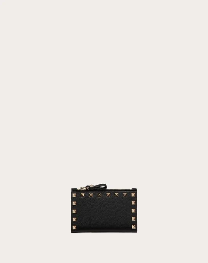 Valentino Wallets And Small Leather Goods Woman Rockstud Grainy Calfskin Cardholder With Zipper For Woman In Black Black Valentino Wallets And Small Leather Goods Woman Rockstud Grainy Calfskin Cardholder With Zipper For Woman In Black Black