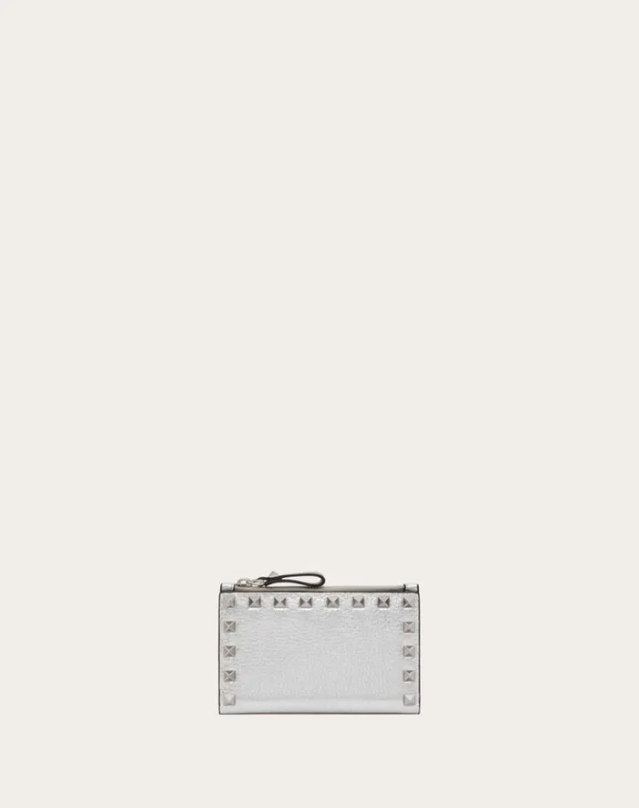 Valentino Wallets And Small Leather Goods Woman Rockstud Grainy Metallic Calfskin Card Holder With Zipper For Woman In Silver Silver Valentino Wallets And Small Leather Goods Woman Rockstud Grainy Metallic Calfskin Card Holder With Zipper For Woman In Silver Silver