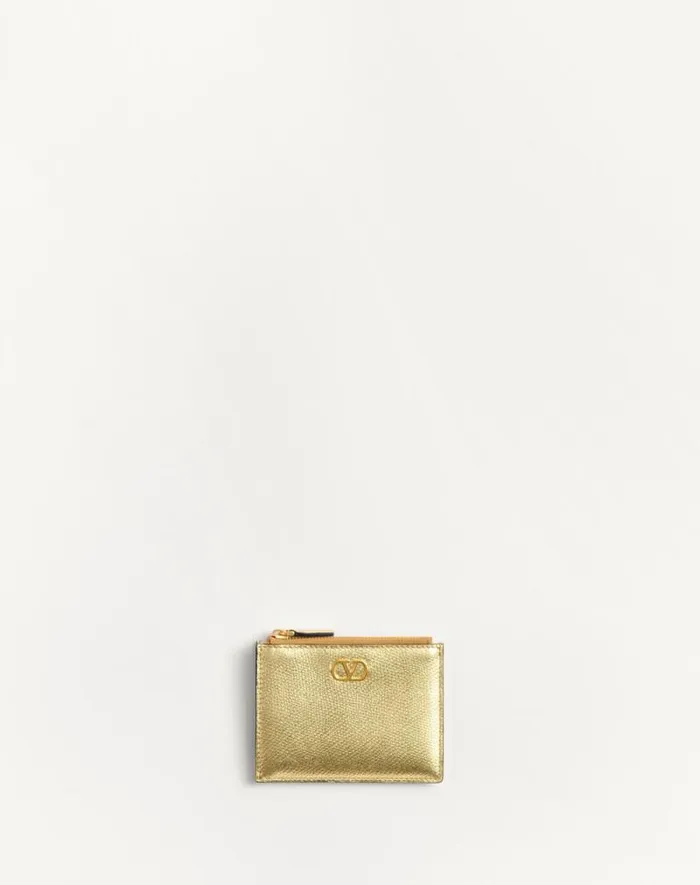Valentino Wallets And Small Leather Goods Woman Vlogo Signature Cardholder In Laminated Grainy Calfskin For Woman In Antique Brass Antique Brass Valentino Wallets And Small Leather Goods Woman Vlogo Signature Cardholder In Laminated Grainy Calfskin For Woman In Antique Brass Antique Brass