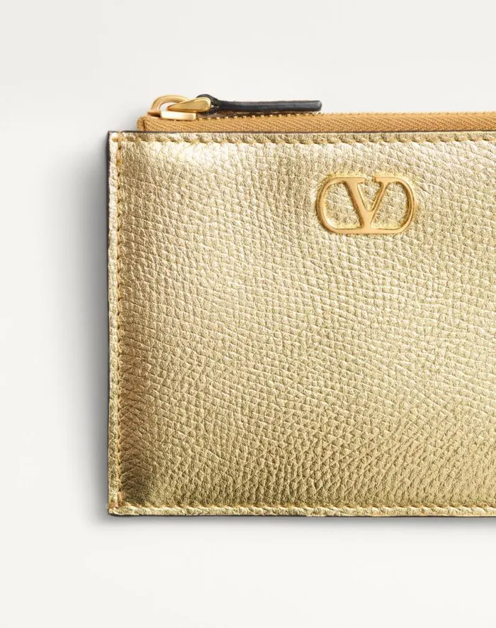 Valentino Wallets And Small Leather Goods Woman Vlogo Signature Cardholder In Laminated Grainy Calfskin For Woman In Antique Brass Antique Brass Valentino Wallets And Small Leather Goods Woman Vlogo Signature Cardholder In Laminated Grainy Calfskin For Woman In Antique Brass Antique Brass