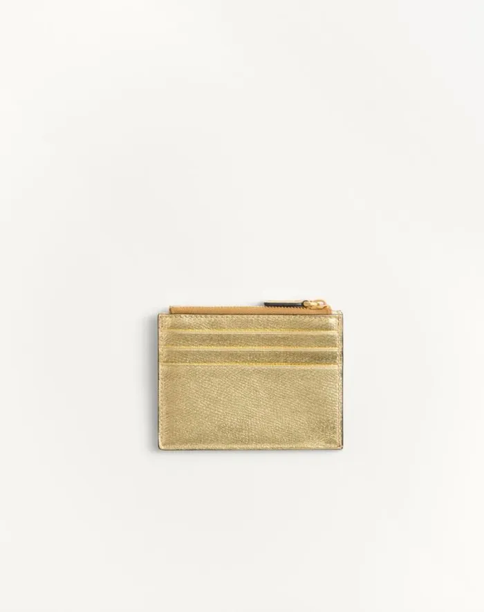Valentino Wallets And Small Leather Goods Woman Vlogo Signature Cardholder In Laminated Grainy Calfskin For Woman In Antique Brass Antique Brass Valentino Wallets And Small Leather Goods Woman Vlogo Signature Cardholder In Laminated Grainy Calfskin For Woman In Antique Brass Antique Brass