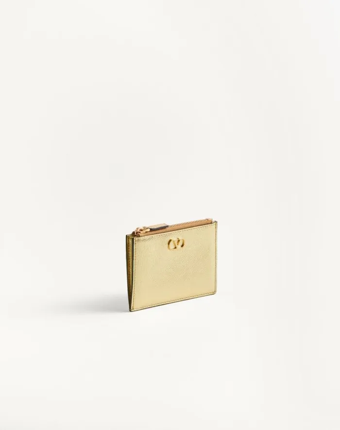 Valentino Wallets And Small Leather Goods Woman Vlogo Signature Cardholder In Laminated Grainy Calfskin For Woman In Antique Brass Antique Brass Valentino Wallets And Small Leather Goods Woman Vlogo Signature Cardholder In Laminated Grainy Calfskin For Woman In Antique Brass Antique Brass
