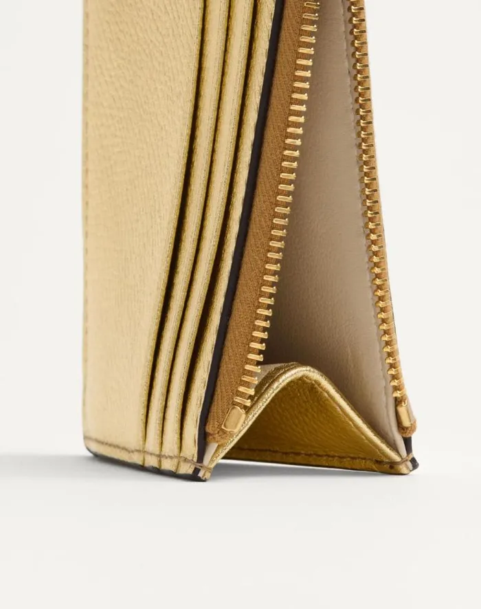Valentino Wallets And Small Leather Goods Woman Vlogo Signature Cardholder In Laminated Grainy Calfskin For Woman In Antique Brass Antique Brass Valentino Wallets And Small Leather Goods Woman Vlogo Signature Cardholder In Laminated Grainy Calfskin For Woman In Antique Brass Antique Brass