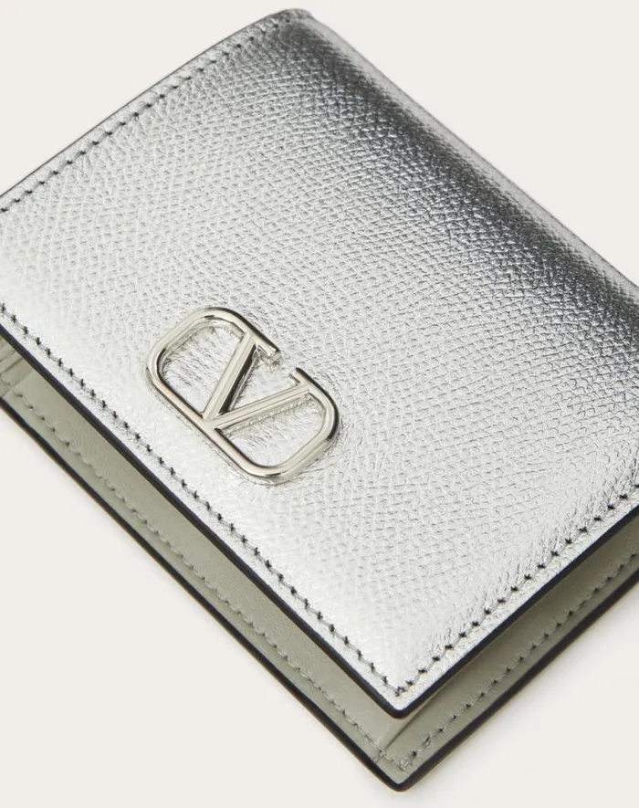 Valentino Wallets And Small Leather Goods Woman Vlogo Signature Metallic Grainy Calfskin Compact Wallet For Woman In Silver Silver Valentino Wallets And Small Leather Goods Woman Vlogo Signature Metallic Grainy Calfskin Compact Wallet For Woman In Silver Silver