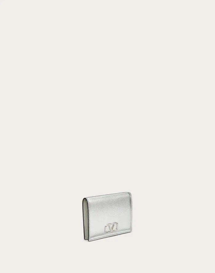 Valentino Wallets And Small Leather Goods Woman Vlogo Signature Metallic Grainy Calfskin Compact Wallet For Woman In Silver Silver Valentino Wallets And Small Leather Goods Woman Vlogo Signature Metallic Grainy Calfskin Compact Wallet For Woman In Silver Silver