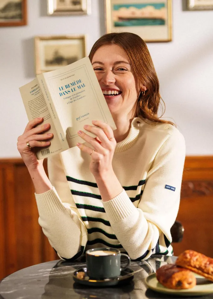 Verdon Wool Sweater With Jacquard Elbows And Green Lurex Details Whitenavygreen Women Saint James Breton Sweaters