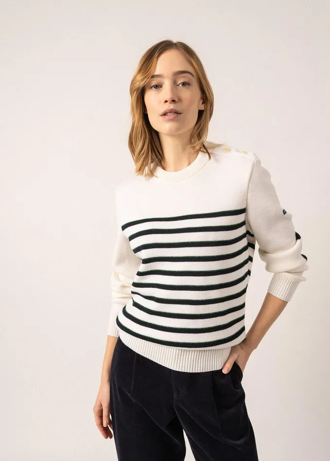 Verdon Wool Sweater With Jacquard Elbows And Green Lurex Details Whitenavygreen Women Saint James Breton Sweaters