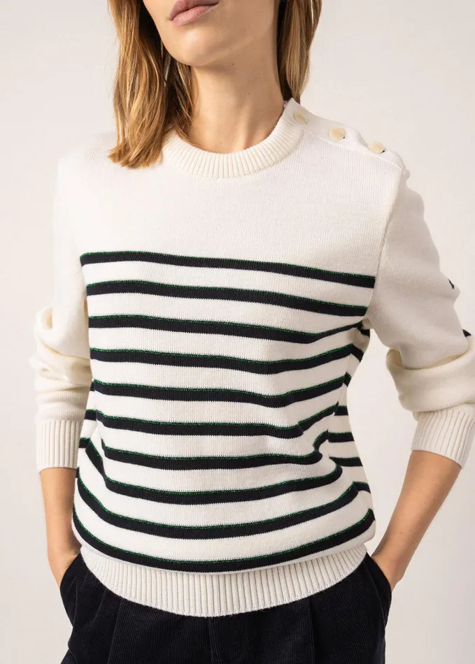 Verdon Wool Sweater With Jacquard Elbows And Green Lurex Details Whitenavygreen Women Saint James Breton Sweaters