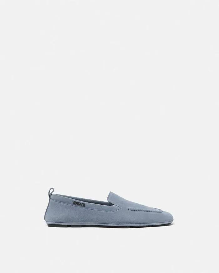 Villa Suede Driver Shoes Light Blue Men Versace Loafers and Slippers