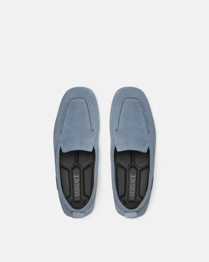 Villa Suede Driver Shoes Light Blue Men Versace Loafers and Slippers