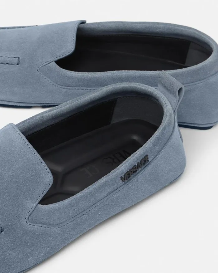 Villa Suede Driver Shoes Light Blue Men Versace Loafers and Slippers