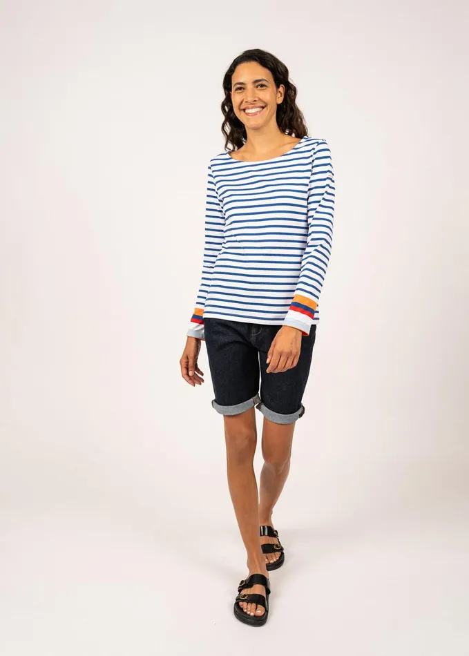 Villerville Nautical Striped Top With Colorblock Cuffs AntiUv Stretch Fabric Whiteroyalblueneonorange Women Saint James Breton Striped Shirts