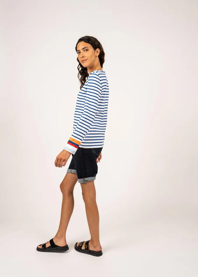 Villerville Nautical Striped Top With Colorblock Cuffs AntiUv Stretch Fabric Whiteroyalblueneonorange Women Saint James Breton Striped Shirts