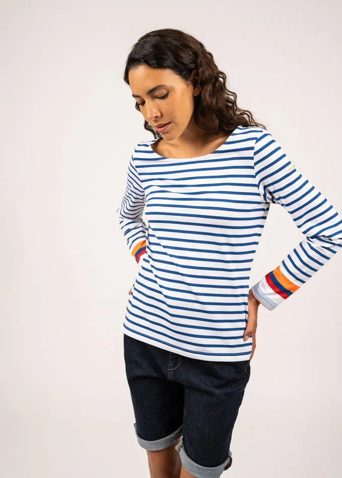 Villerville Nautical Striped Top With Colorblock Cuffs AntiUv Stretch Fabric Whiteroyalblueneonorange Women Saint James Breton Striped Shirts