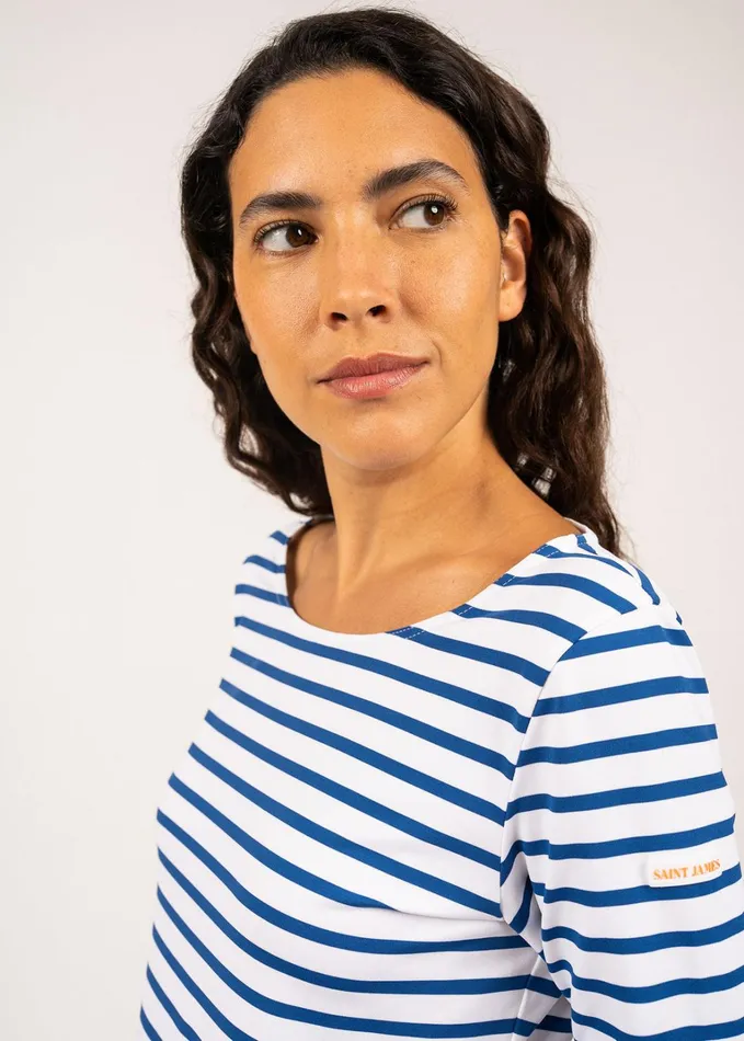 Villerville Nautical Striped Top With Colorblock Cuffs AntiUv Stretch Fabric Whiteroyalblueneonorange Women Saint James Breton Striped Shirts