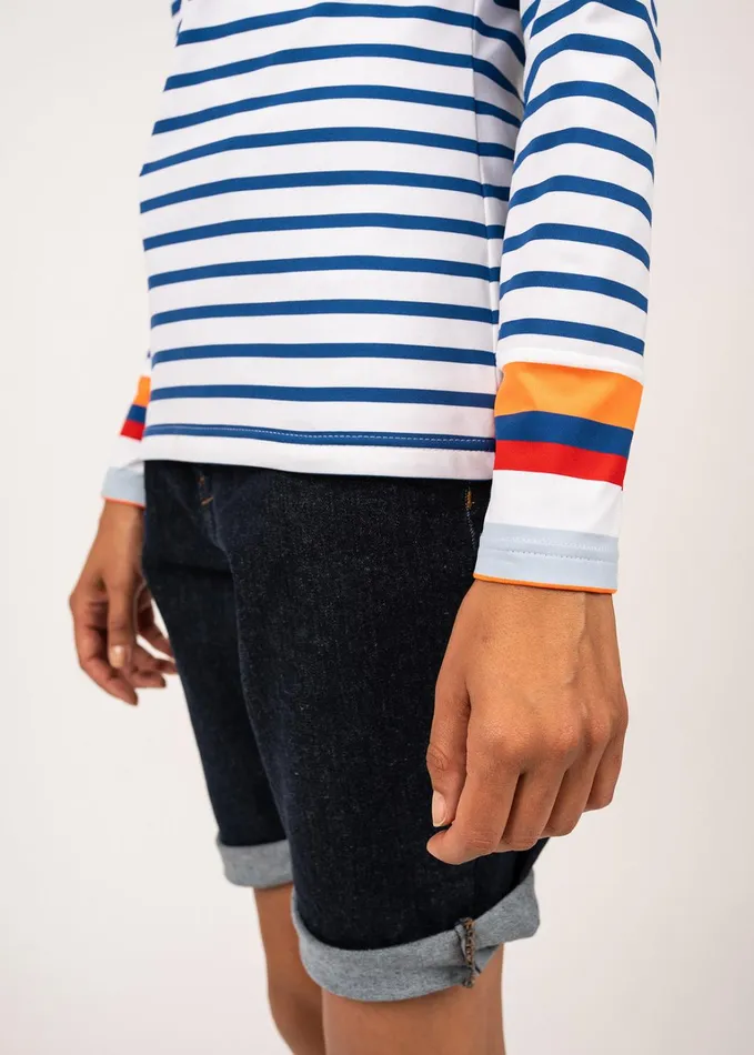Villerville Nautical Striped Top With Colorblock Cuffs AntiUv Stretch Fabric Whiteroyalblueneonorange Women Saint James Breton Striped Shirts