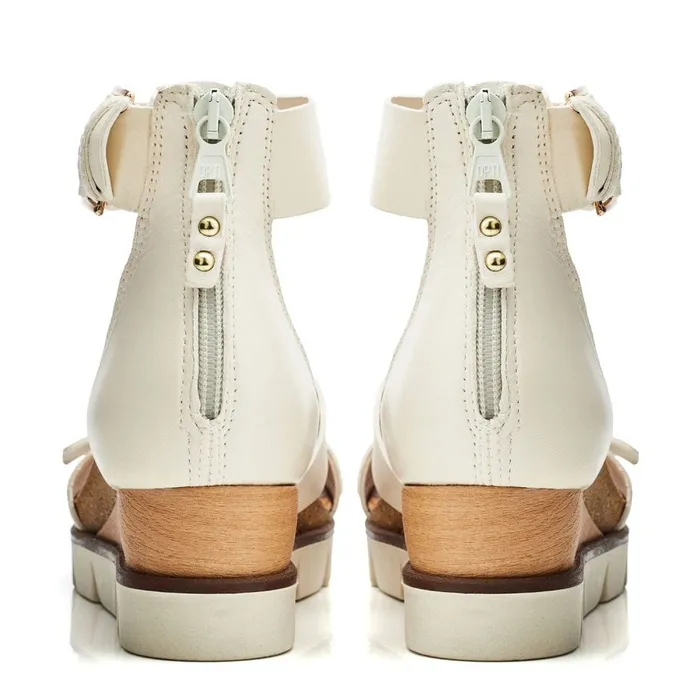 Wedge Sandals Women Moda In Pelle Pinchette Off White Leather
