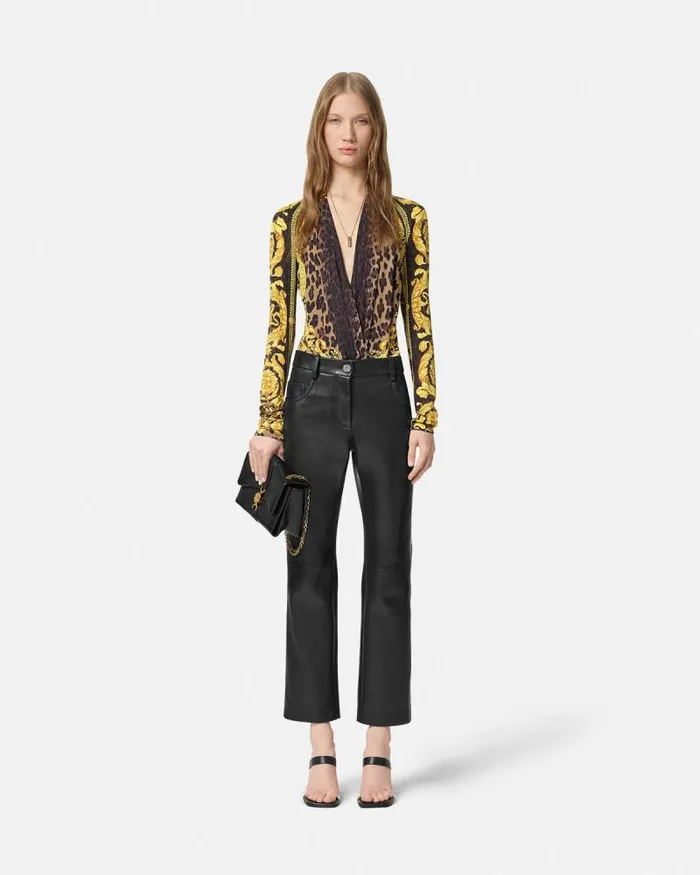 Wild Barocco Silk Draped Bodysuit Animalier Women Versace Shirts and Tops