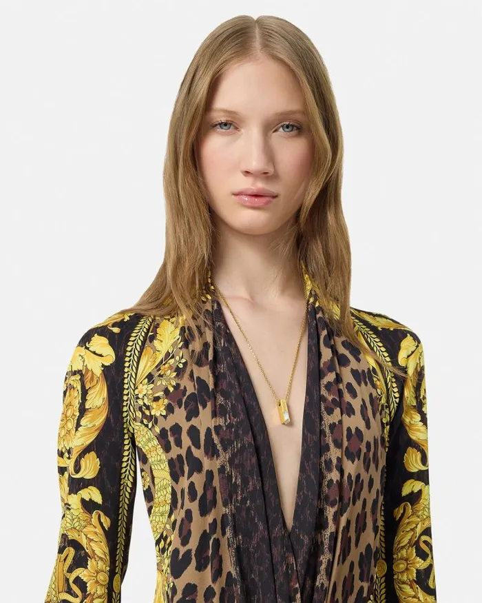 Wild Barocco Silk Draped Bodysuit Animalier Women Versace Shirts and Tops