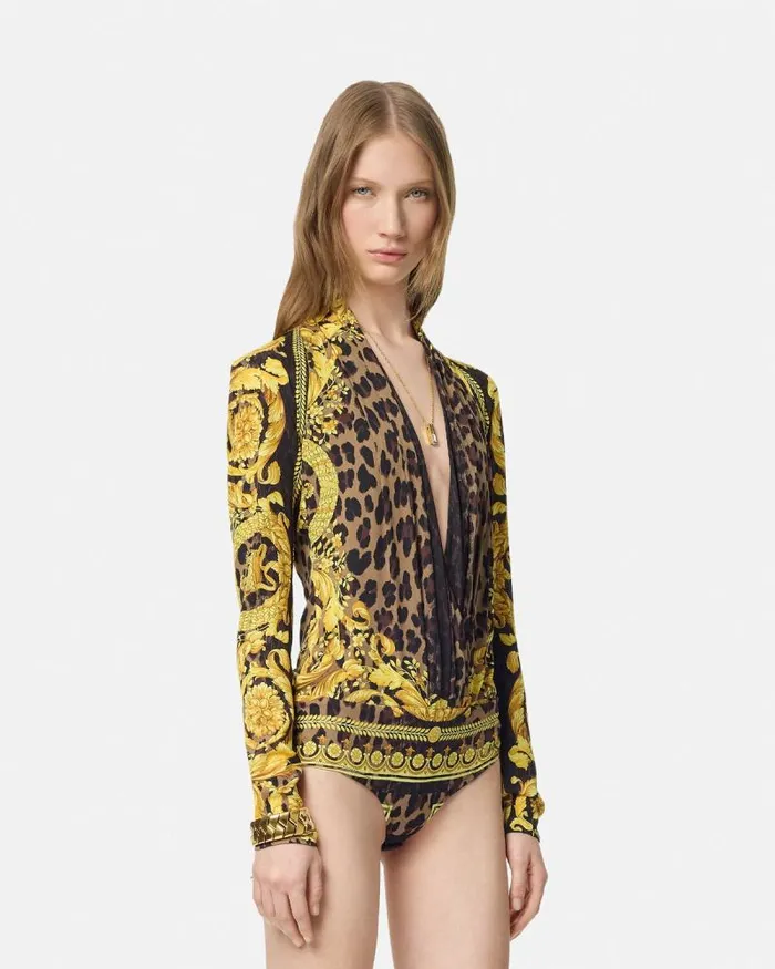 Wild Barocco Silk Draped Bodysuit Animalier Women Versace Shirts and Tops