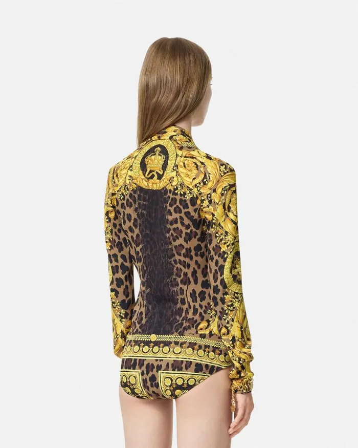 Wild Barocco Silk Draped Bodysuit Animalier Women Versace Shirts and Tops