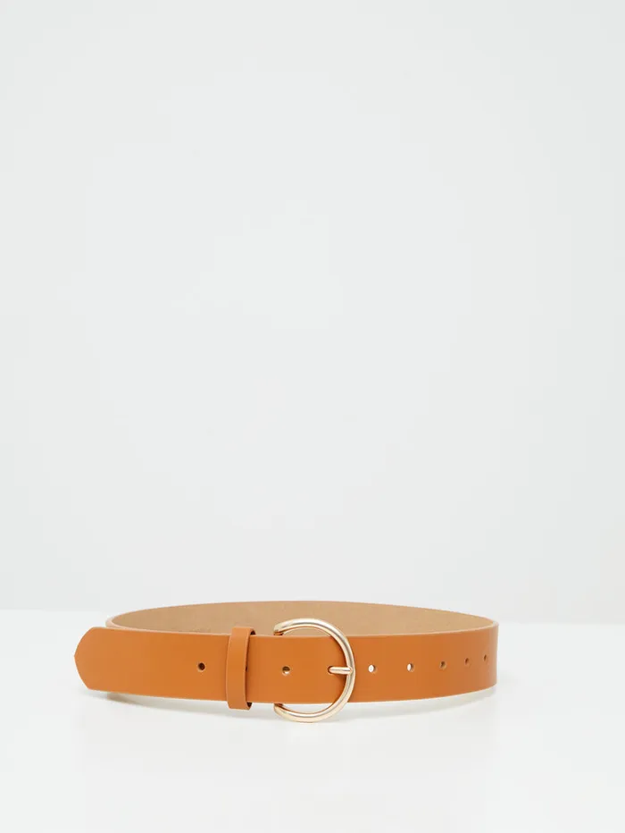 Woman Belts French Connection Round Buckle Belt Tanmatt Gold