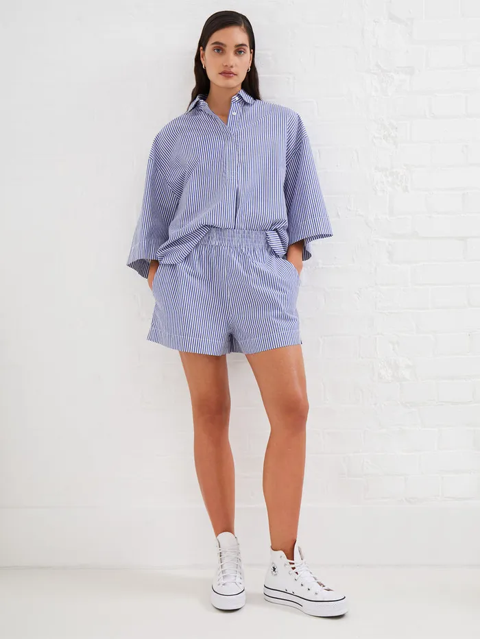 Woman CoOrds French Connection Rhodes Poplin Stripe PullOn Shorts Linen Whitemarine Woman CoOrds French Connection Rhodes Poplin Stripe PullOn Shorts Linen Whitemarine