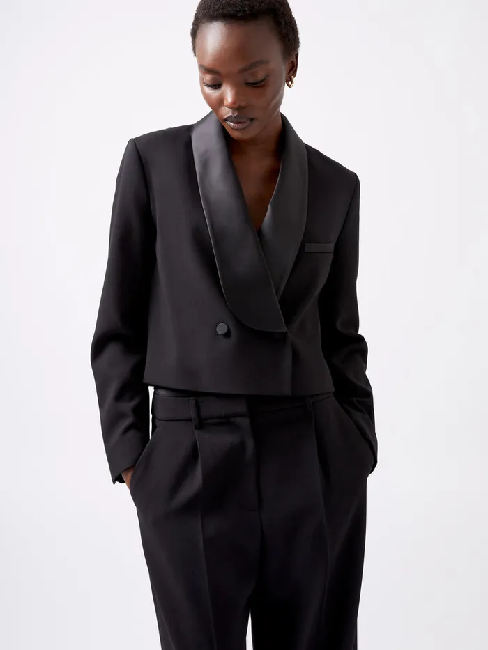 Woman Coats and Jackets French Connection Gemma Carey Satin Tuxedo Cropped Blazer Blackout Woman Coats and Jackets French Connection Gemma Carey Satin Tuxedo Cropped Blazer Blackout