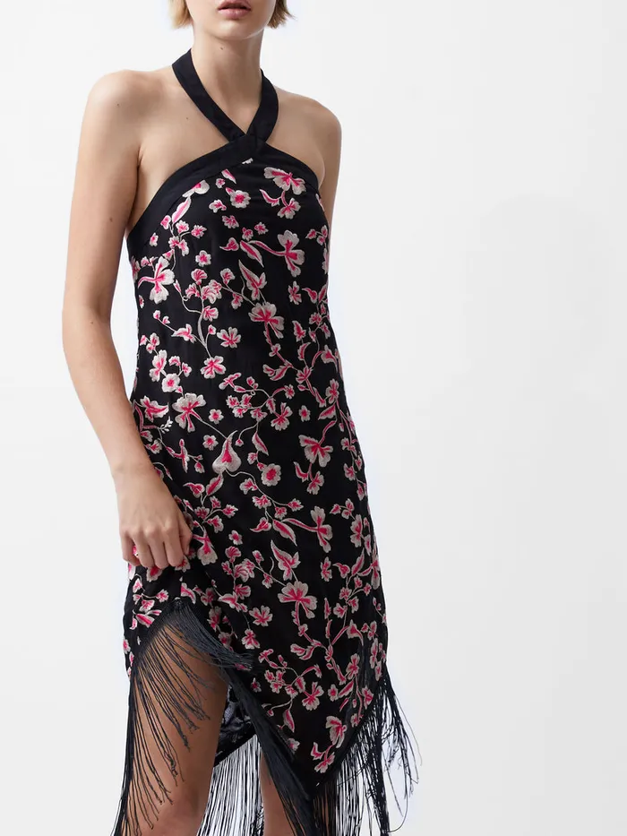 Woman Dresses French Connection Bryony Embroidery Fringed Halterneck Dress Blackoutpink Multi