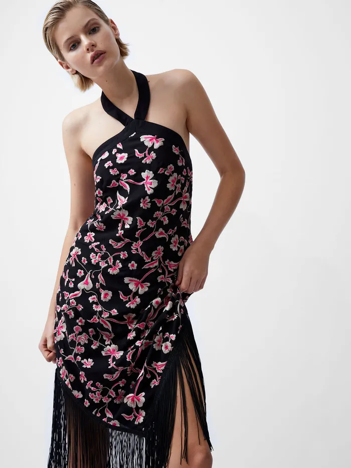 Woman Dresses French Connection Bryony Embroidery Fringed Halterneck Dress Blackoutpink Multi