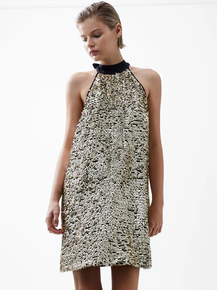 Woman Dresses French Connection Elah Sequin Halterneck Mini Dress Metallic Gold Woman Dresses French Connection Elah Sequin Halterneck Mini Dress Metallic Gold