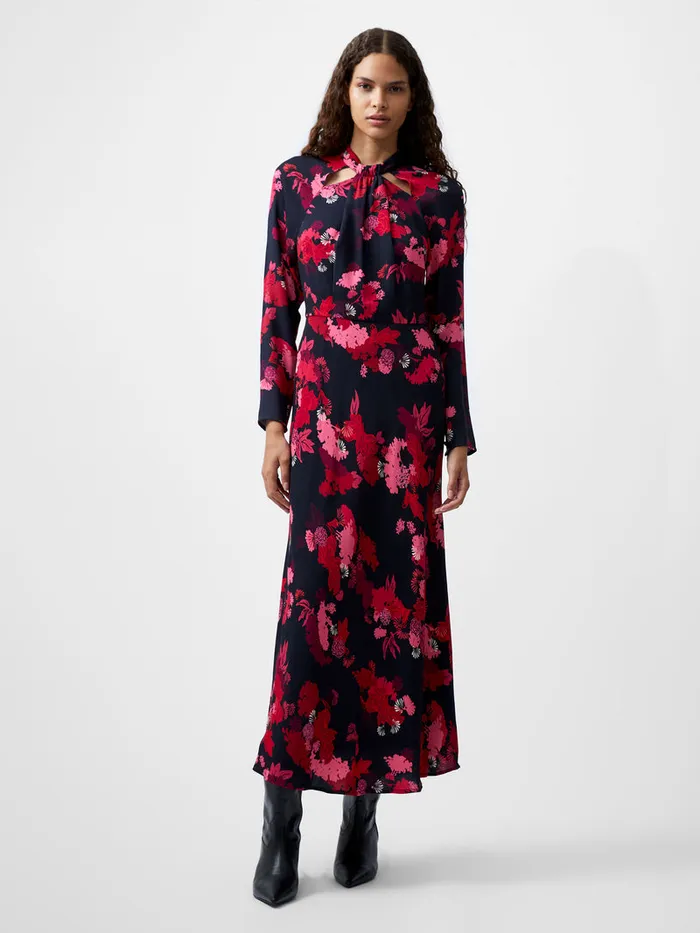 Woman Dresses French Connection Foliage Chiara Tie Knot Neck Dress Blackout Multi
