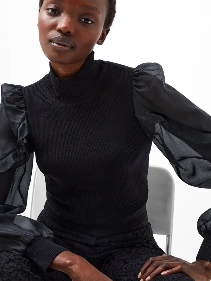 Woman Jumpers and Cardigans French Connection Krista Organza Puff Sleeve Top Blackout Woman Jumpers and Cardigans French Connection Krista Organza Puff Sleeve Top Blackout