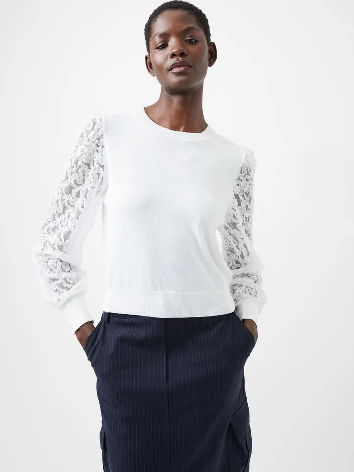 Woman Jumpers and Cardigans French Connection Luvy Embroidered Mesh Sleeve Jumper Winter White Woman Jumpers and Cardigans French Connection Luvy Embroidered Mesh Sleeve Jumper Winter White