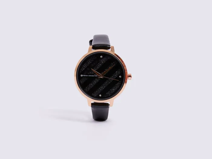 WomanMan Jewellery French Connection Black Leather Strap Watch With Black Glitter Dial Black WomanMan Jewellery French Connection Black Leather Strap Watch With Black Glitter Dial Black