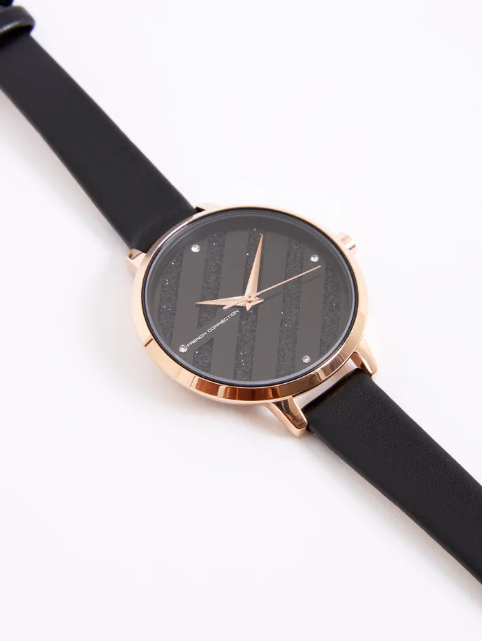 WomanMan Jewellery French Connection Black Leather Strap Watch With Black Glitter Dial Black WomanMan Jewellery French Connection Black Leather Strap Watch With Black Glitter Dial Black