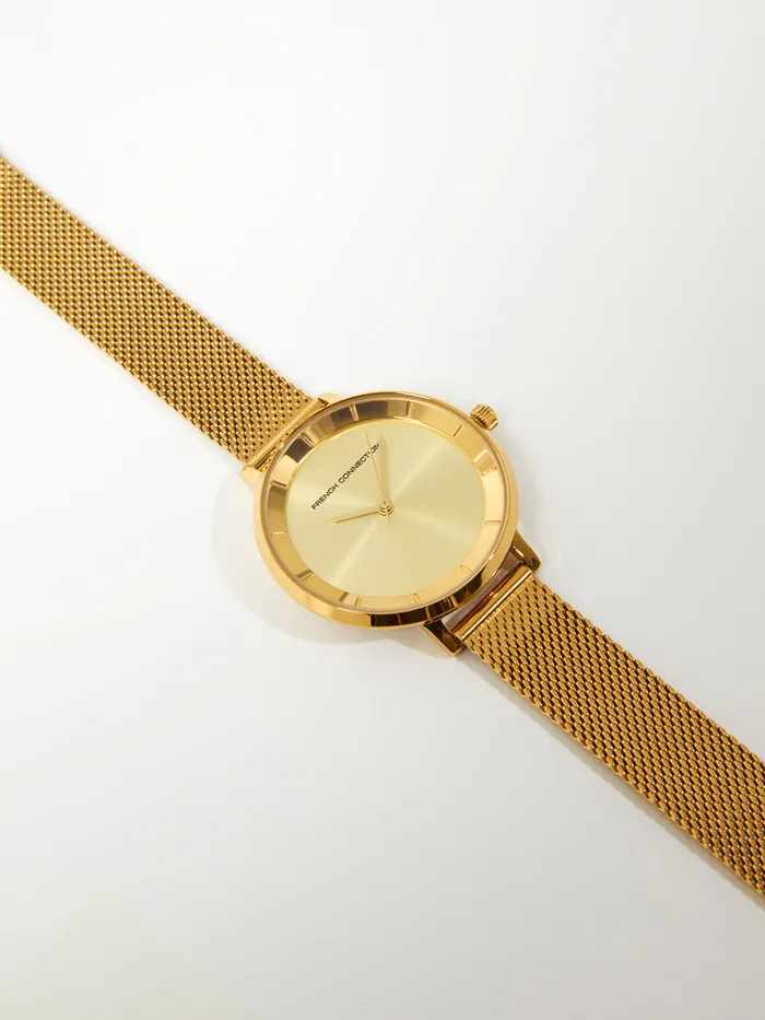 WomanMan Jewellery French Connection Gold Tone Mesh Bracelet Watch With Champagne Dial Gold