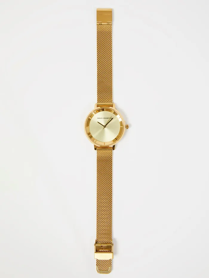 WomanMan Jewellery French Connection Gold Tone Mesh Bracelet Watch With Champagne Dial Gold